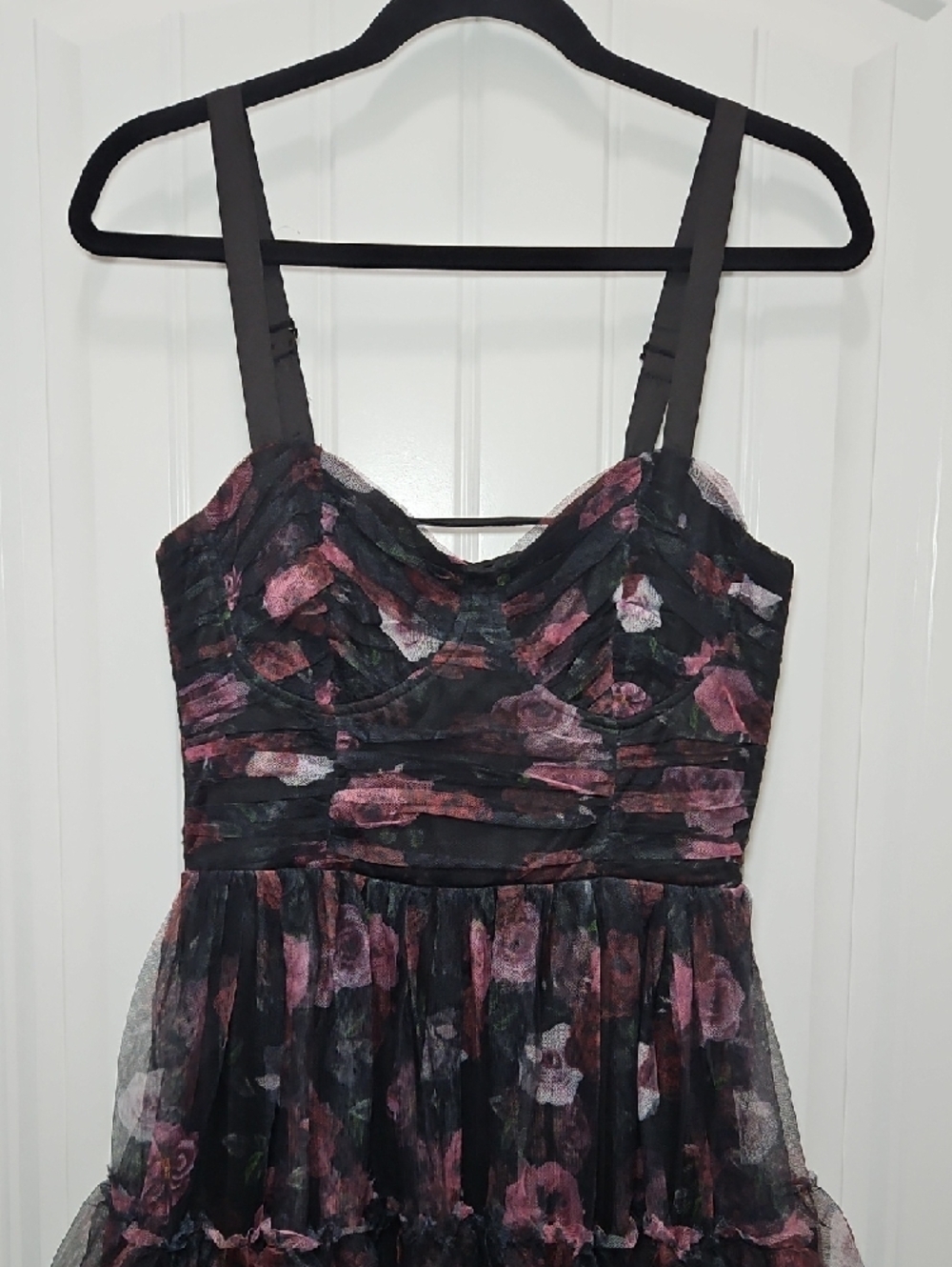 Lulus Sentimental Charisma Black Floral Mesh Tiered Midi Dress New - Picture 3 of 12